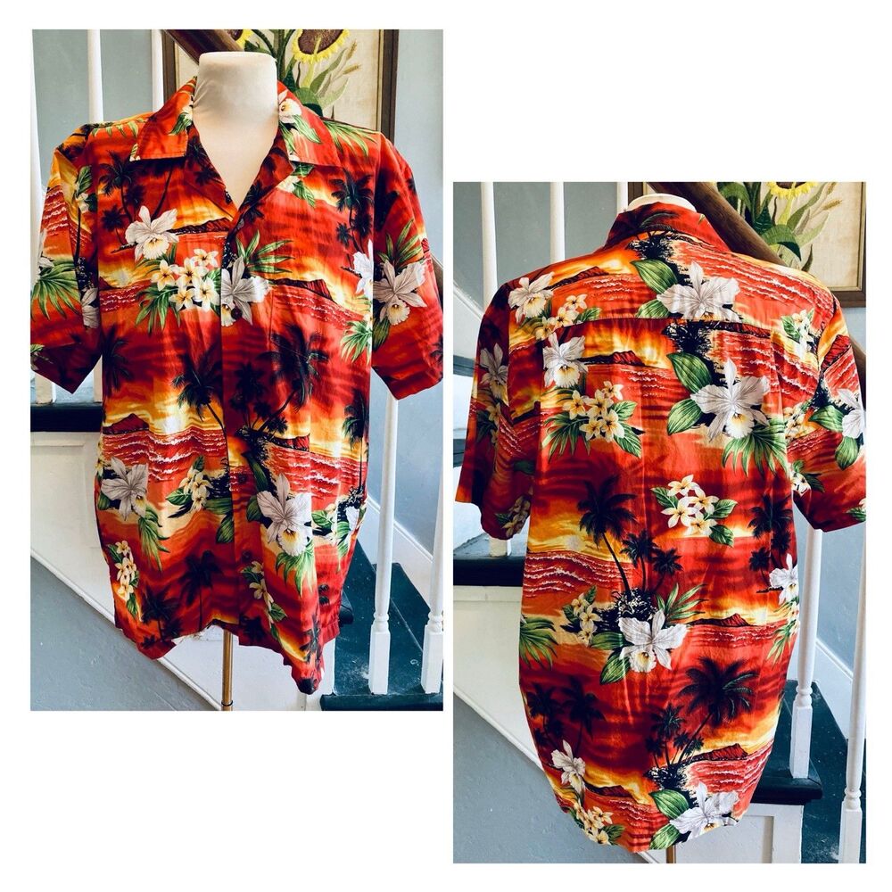 1980s 1990s Hawaiian Shirt Island Orchid Red Organe Volcano Floral Tropical